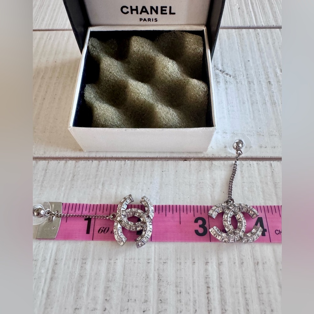Chanel Silver w Crystals CC Logo Dangle Earrings - Picture 3 of 4